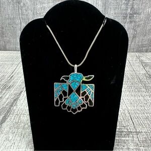 Vintage Navajo Sterling Silver Turquoise Onyx Thunderbird Inlay Pendant 925